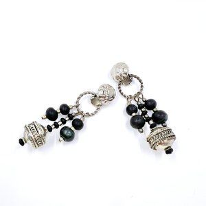 NWOT - Artisan BOHO Black Wood Beaded Silver Tone Drop Clip On Earrings